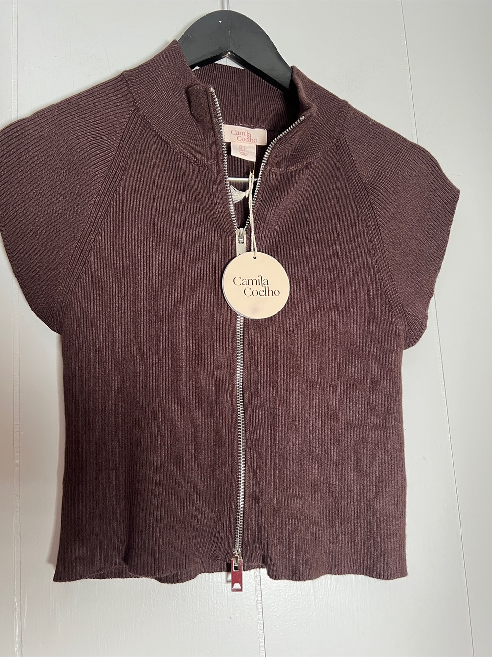 Camila Coelho Short-Sleeve Ribbed Zip Sweater in Deep Plum